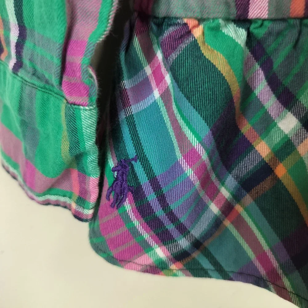 Ralph Lauren Plaid Tiered Shirt Dress Size 7 Girls Green Pink Preppy Button Up